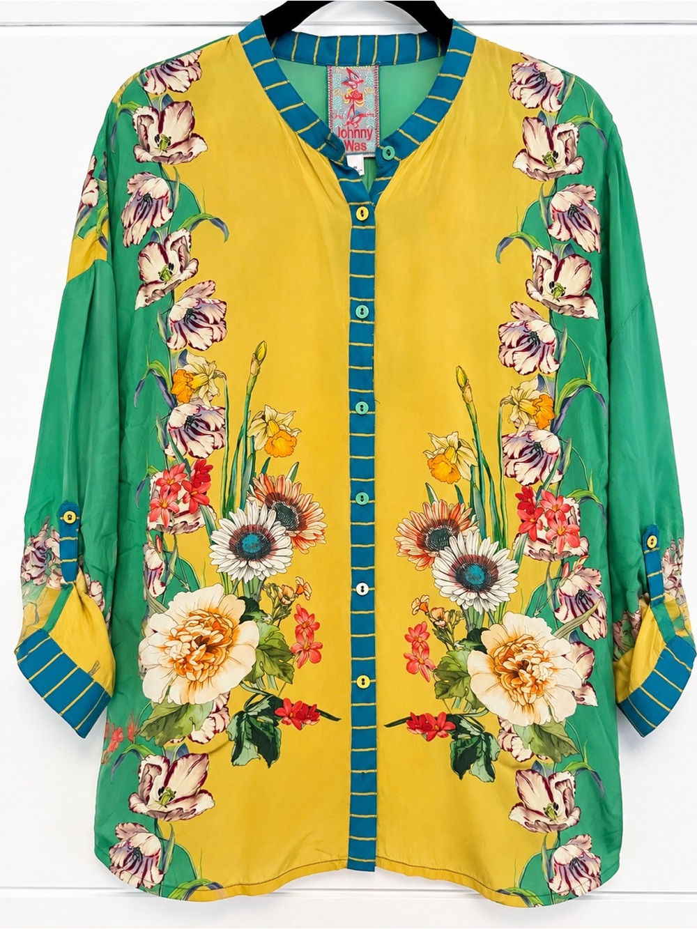 Johnny Was Floral Blouse XS Green Yellow Button Front Boho